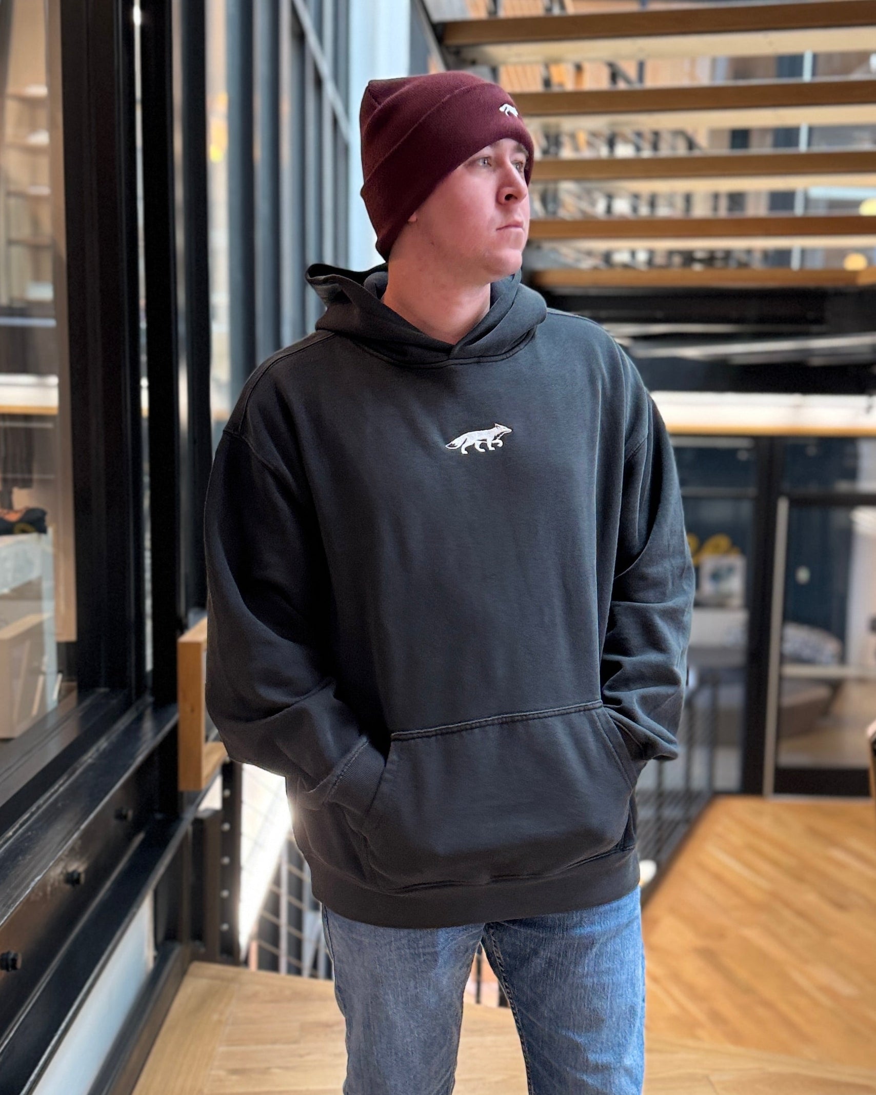Embroidered Fox Hoodie Faded Black